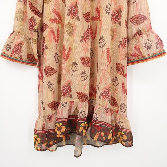 Zara Dress Tan Leaf Floral Pattern Nude Beige Bell Sleeve Embroidered Neckline M - Picture 5 of 12